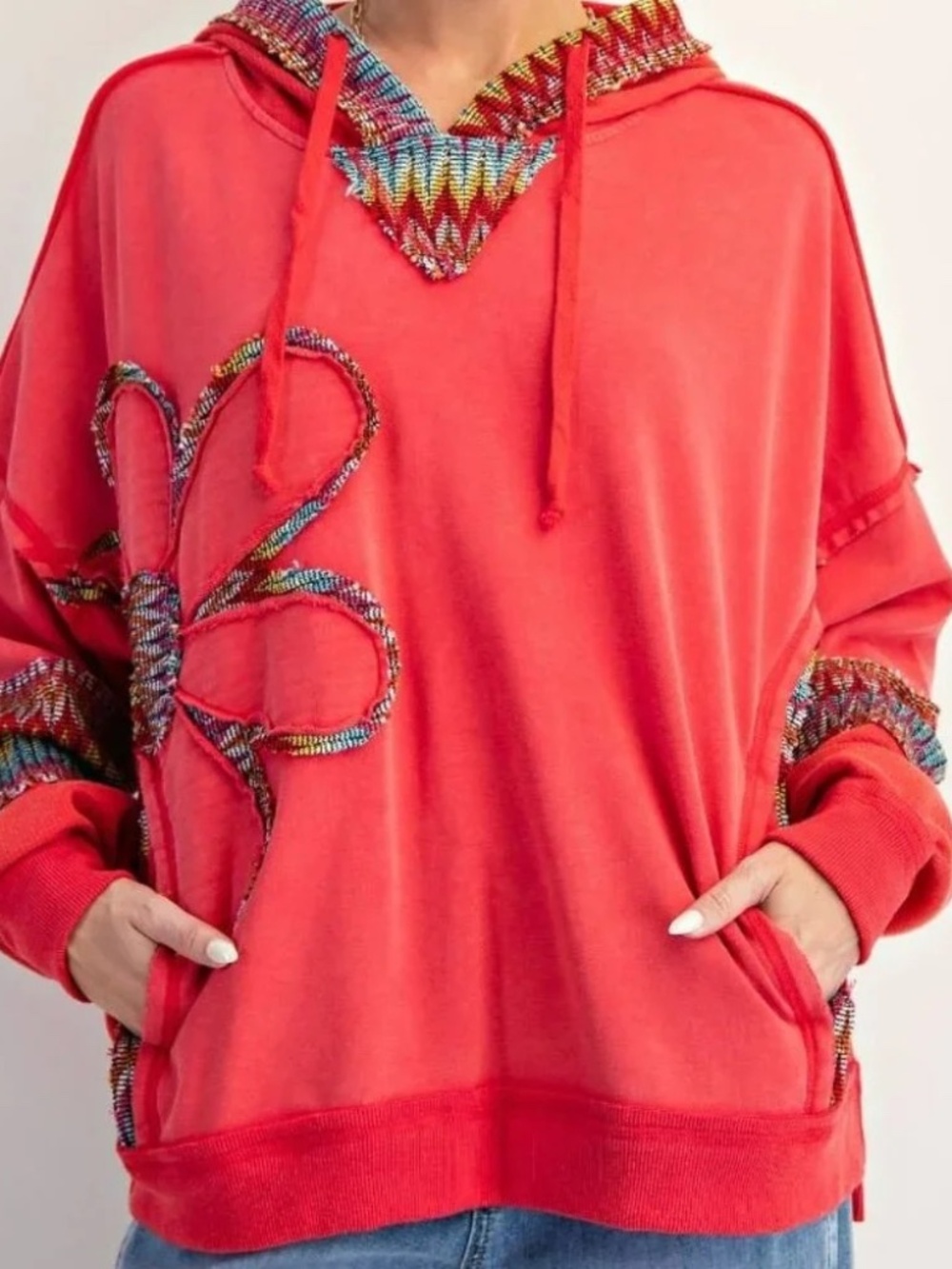 New Easel Poppy Red Daisy Patch Terry Hoodie Oversized Washed Pullover Small - Picture 1 of 5